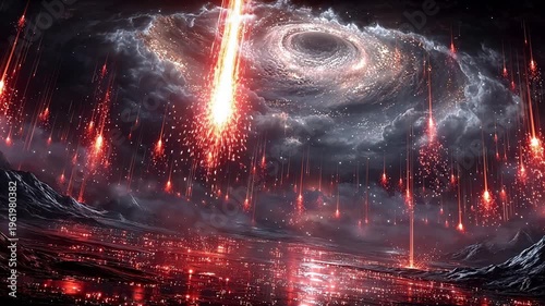 Cosmic scene with galaxy and meteor shower