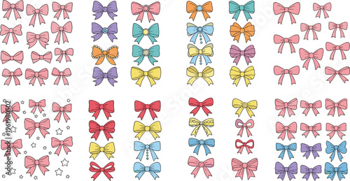 Cute ribbon bows collection with colorful decorative elements, hand drawn gift bows set for fashion, packaging, scrapbooking and feminine design vector illustration