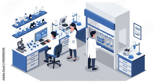 Isometric Laboratory Scene with Scientists Conducting Experiments and Research.