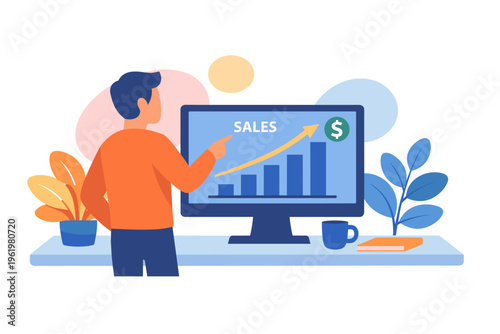 Tableau sur toile Man analyzing sales growth chart on computer screen.