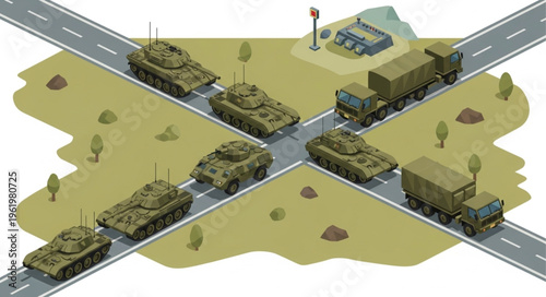 Military Vehicles at Intersection - Tanks and Trucks in Formation.