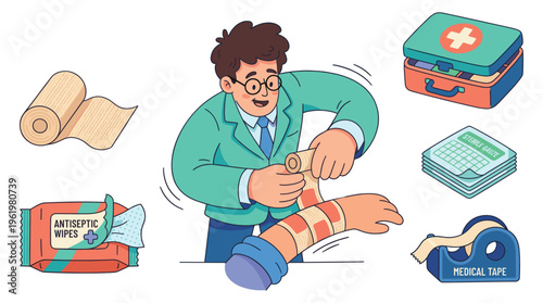 Professional Doctor Demonstrating Healthcare Medical Expert Applies Clinical First Aid and Bandages for Injury