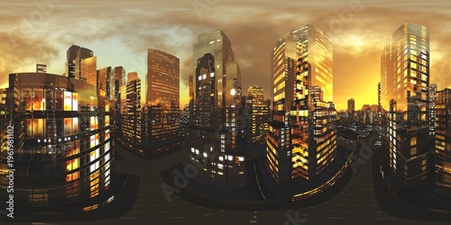 Night city, Cityscape, Environment map. HDRI map. Equirectangular projection. Spherical panorama., 3D rendering