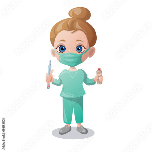 Young girl in medical outfit holding a toothbrush and a bottle in a bright setting during a healthcare activity