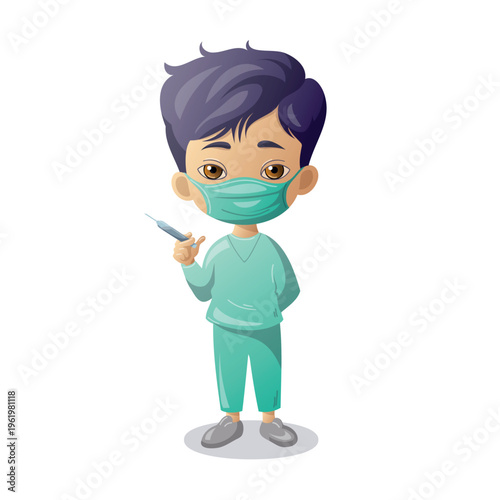 Cartoon character wearing a mask and holding a syringe in a healthcare setting while dressed in scrubs