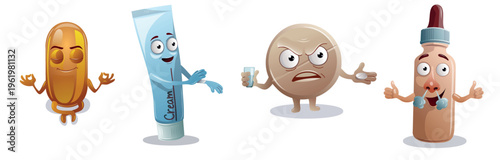 Funny cartoon characters representing different medicines in a playful scene with simple designs