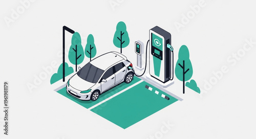 Electric Car Charging at Station with Green Energy.