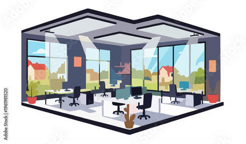 Open plan office interior cartoon vector with desks plants and window city view