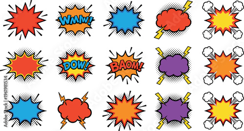Vector Illustration of Comic-Style Explosion and Action Effects Including BAM, BOOM, and Lightning for Pop Art and Dynamic Themes