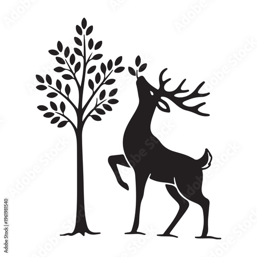 Majestic Deer Silhouette Feeding from a Tree with Elegant Forest Composition, Detailed Wildlife-Inspired Artwork Perfect for T-Shirt Printing, Apparel Design, Nature Graphics, and Rustic Branding Conc
