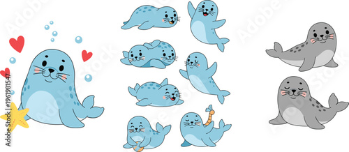 Cute seal characters set with playful poses and emotions, adorable marine animals collection for kids illustration, stickers, nursery decor and ocean vector design