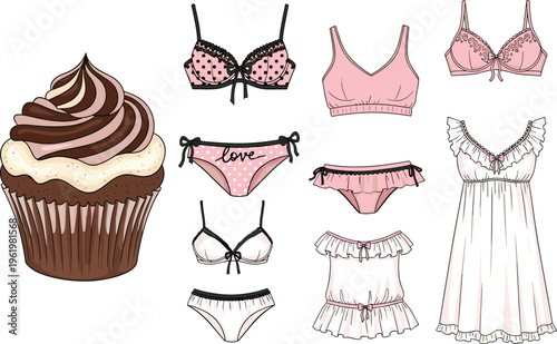 Elegant pink and black lingerie set featuring bras panties nightgown and ruffle tops alongside a delicious chocolate vanilla cupcake vector illustration