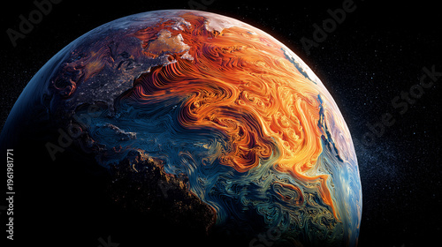 Abstract visualization of Earth highlighting global heat zones in red, representing climate change, rising temperatures, and environmental impact on the planet.
