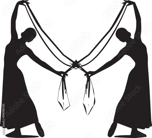 Two silhouetted figures dancing with veils