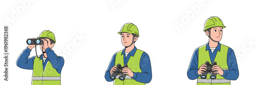 Construction worker using binoculars with transparent background