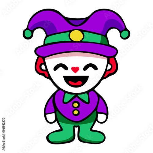 A colorful cartoon jester character with a purple hat and green outfit