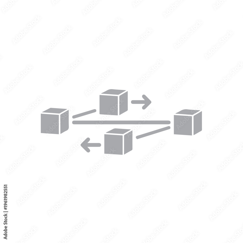 Obraz premium Gray three-dimensional cubes illustrate a cyclical data exchange network diagram on a white background.