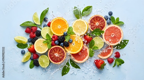 A vibrant arrangement of sliced citrus fruits and berries on a light blue background