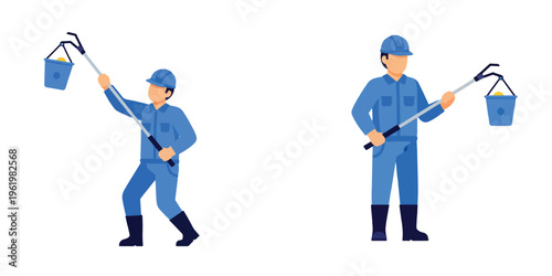 Worker scooping water with long-handled net