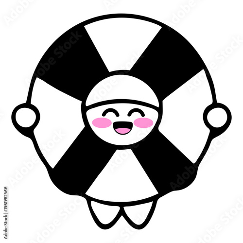 A cheerful cartoon character wearing a black and white striped life preserver