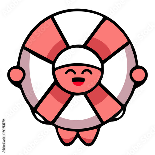 A cheerful cartoon character holding a life preserver in a playful and colorful illustration