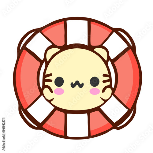 A cute cartoon cat face in a red and white life preserver ring on a white background