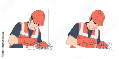 Construction worker cleaning tools with brush