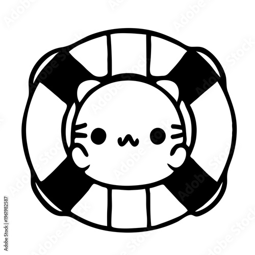 A cute cartoon cat wearing a life preserver ring in a minimalist vector illustration