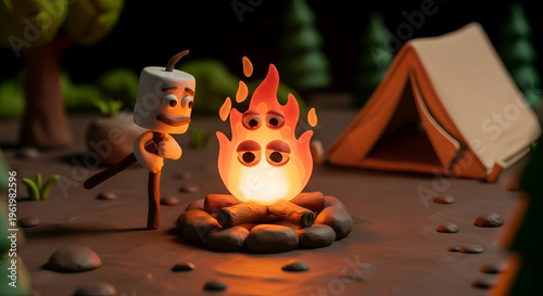 Whimsical claymation marshmallow character roasting over a glowing campfire at a cozy campsite with a tent under the starry night sky