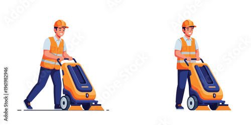 Construction worker sweeping street with machine