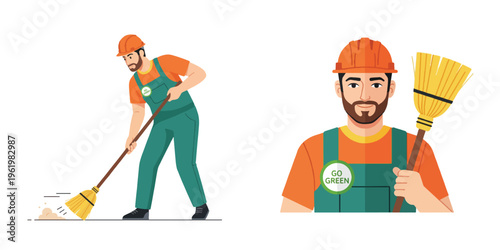 Man sweeping street with go green badge
