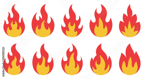 flat fire flame icons pack, burning heat symbols collection, energy and danger concept, modern minimal vector design set, clean simple illustration.
