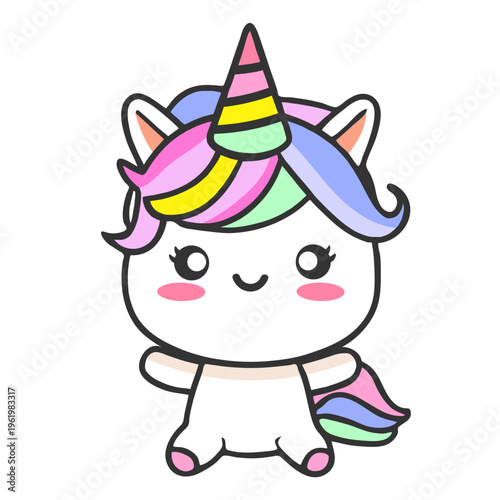A cute cartoon unicorn with a rainbow mane and tail standing on a white background