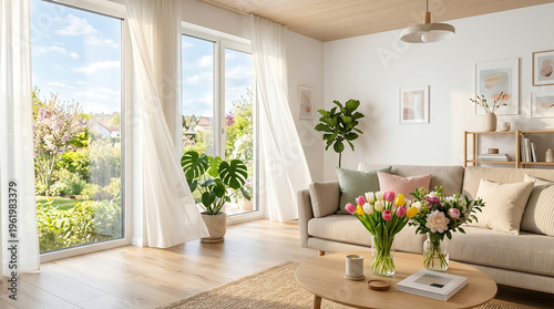 Modern airy living room with fresh tulips and garden view, ideal spring zoom background