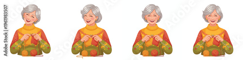 Smiling elderly woman knitting with yarn balls