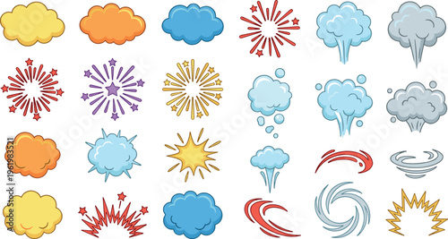 Vector Illustration of Colorful Explosion and Cloud Effects for Dynamic, Fun, and Pop Art Designs