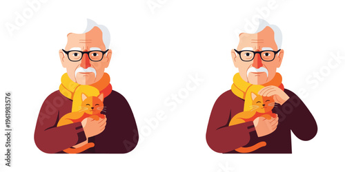 Elderly man holding cat with transparent background
