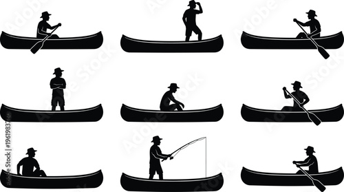 Canoe silhouettes with paddler, fishing, outdoor adventure, water activity, male and female figures, recreation lifestyle, nature sport, flat vector illustration