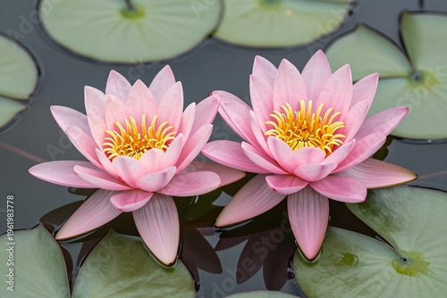A couple of pink water lilies floating on top of a pond