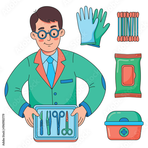 Professional clinical medical doctor demonstrating essential healthcare tools and supplies for patient care