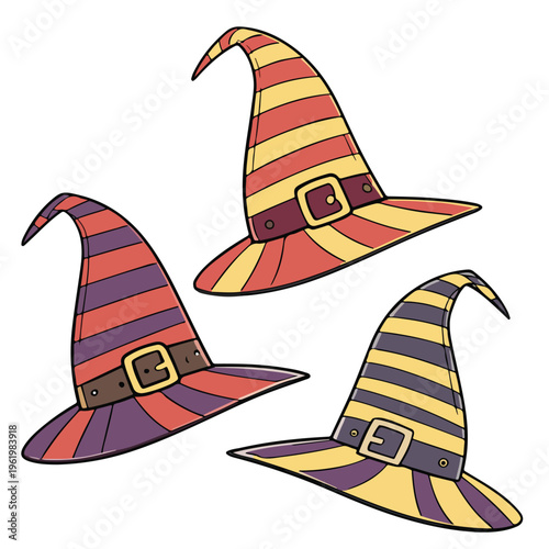 Vector illustration set of cartoon hats and carnival mask icons featuring holiday magic and travel symbols like a ship, airplane, and rocket ship design