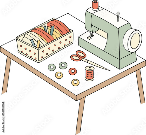 An isometric 3d illustration of an old sewing machine designed as a factory building icon for an industrial city architecture plan