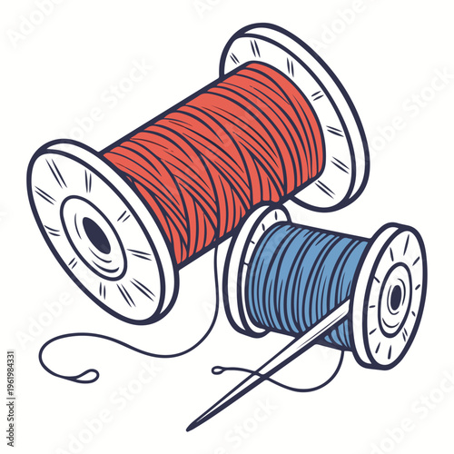 A close-up of a red cotton sewing thread spool and a metal needle isolated on white for textile craft and tailor needlework