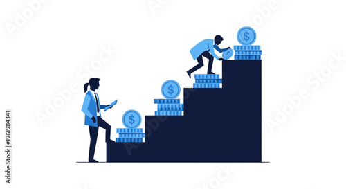 Businessman climbing money stairs to success.