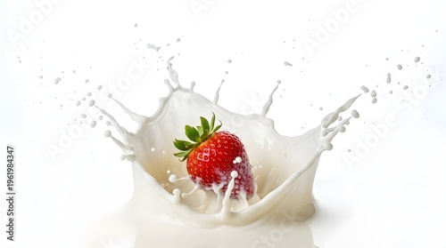 A vibrant red strawberry with green leaves splashes into a pool of white liquid, creating a dynamic wave