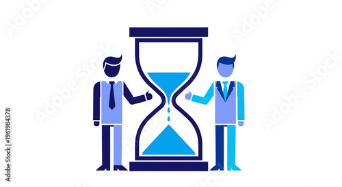 Businessmen standing by hourglass timer.