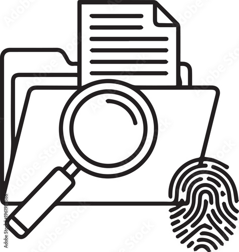 A black and white line art icon representing digital forensic investigation of a data document Vector