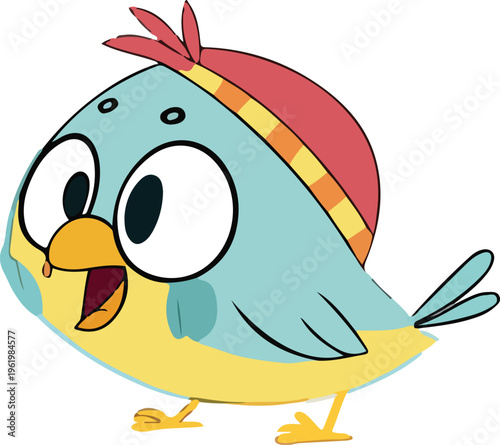 A funny cartoon parrot character with a cute baby bird and an egg, featuring a colorful wing and beak in a happy nature vector illustration design