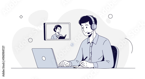 Online Learning: Student with Headphones on Laptop, Video Call with Teacher