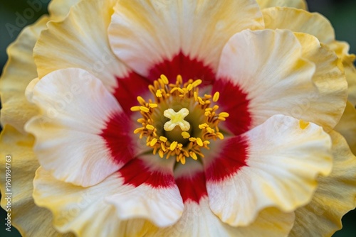A close up of a yellow and white flower with a red center